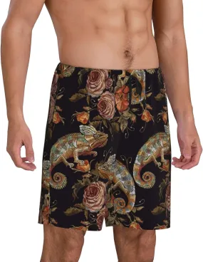 Mens Pajama Pants - Cute Chameleon No.20049 Comfy Sleep Shorts Mens Pajama Shorts, Mens Lounge Shorts Pj Pants