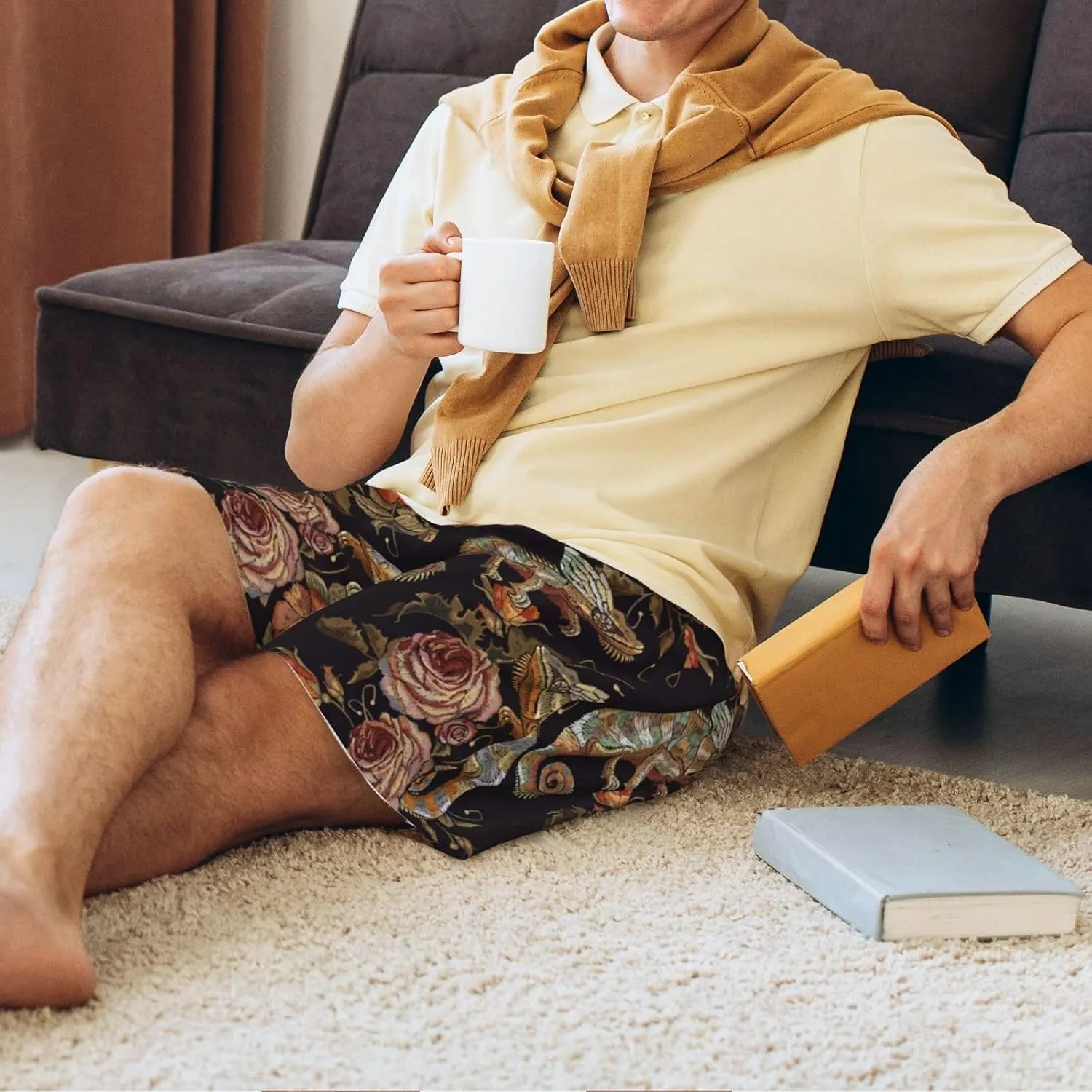 Mens Pajama Pants - Cute Chameleon No.20049 Comfy Sleep Shorts Mens Pajama Shorts, Mens Lounge Shorts Pj Pants