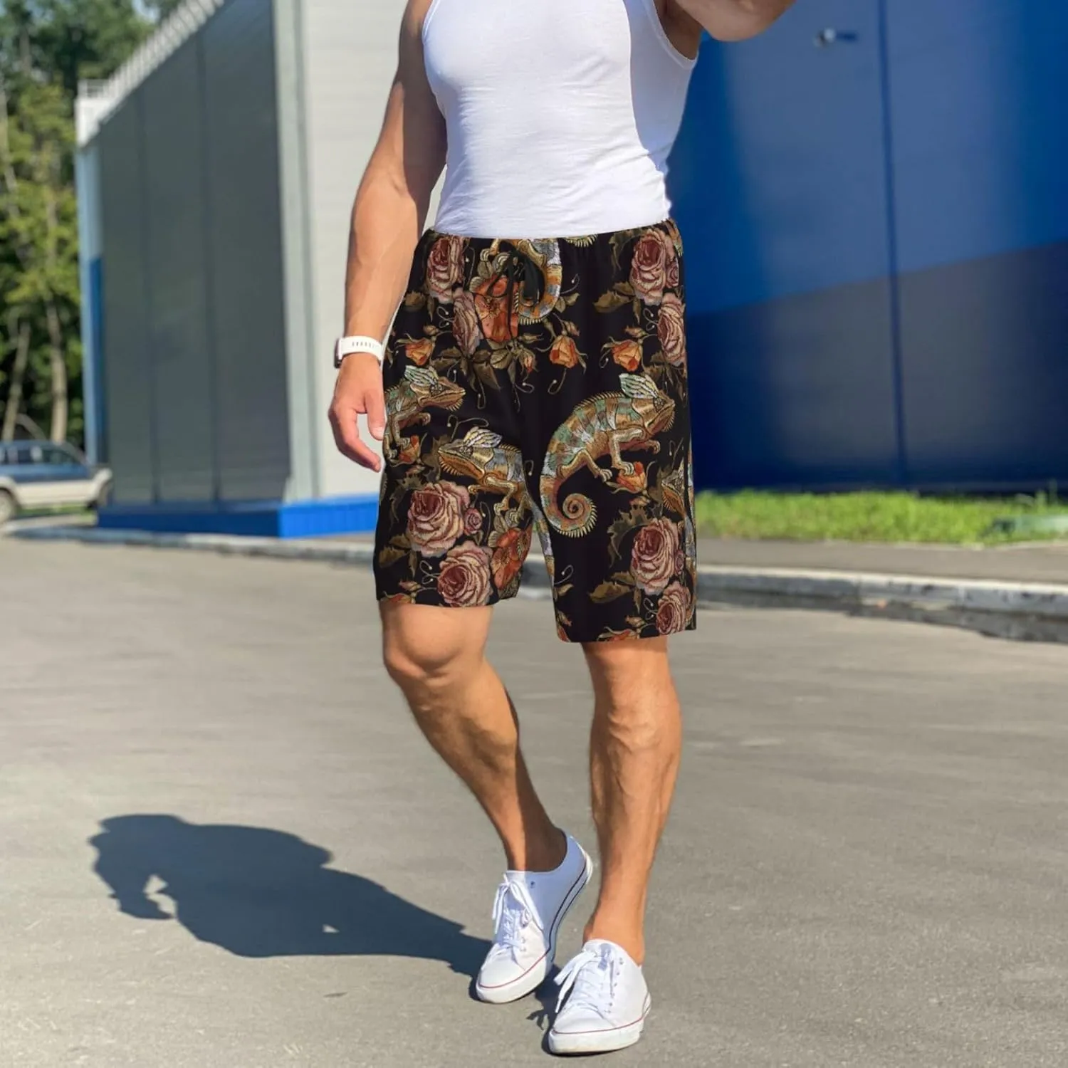 Mens Pajama Pants - Cute Chameleon No.20049 Comfy Sleep Shorts Mens Pajama Shorts, Mens Lounge Shorts Pj Pants