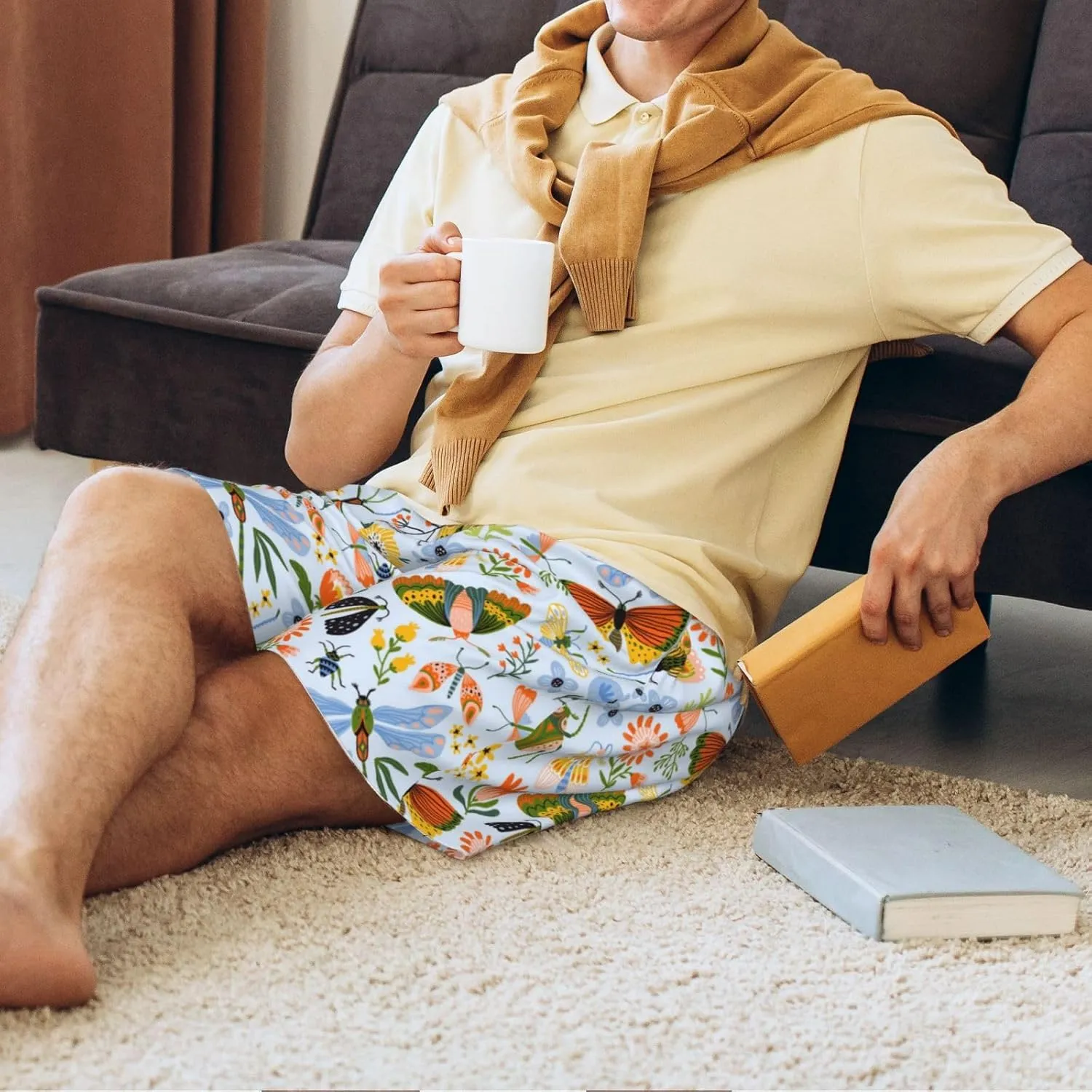Mens Pajama Pants - Insects And Flowers Comfy Sleep Shorts Mens Pajama Shorts, Mens Lounge Shorts Pj Pants