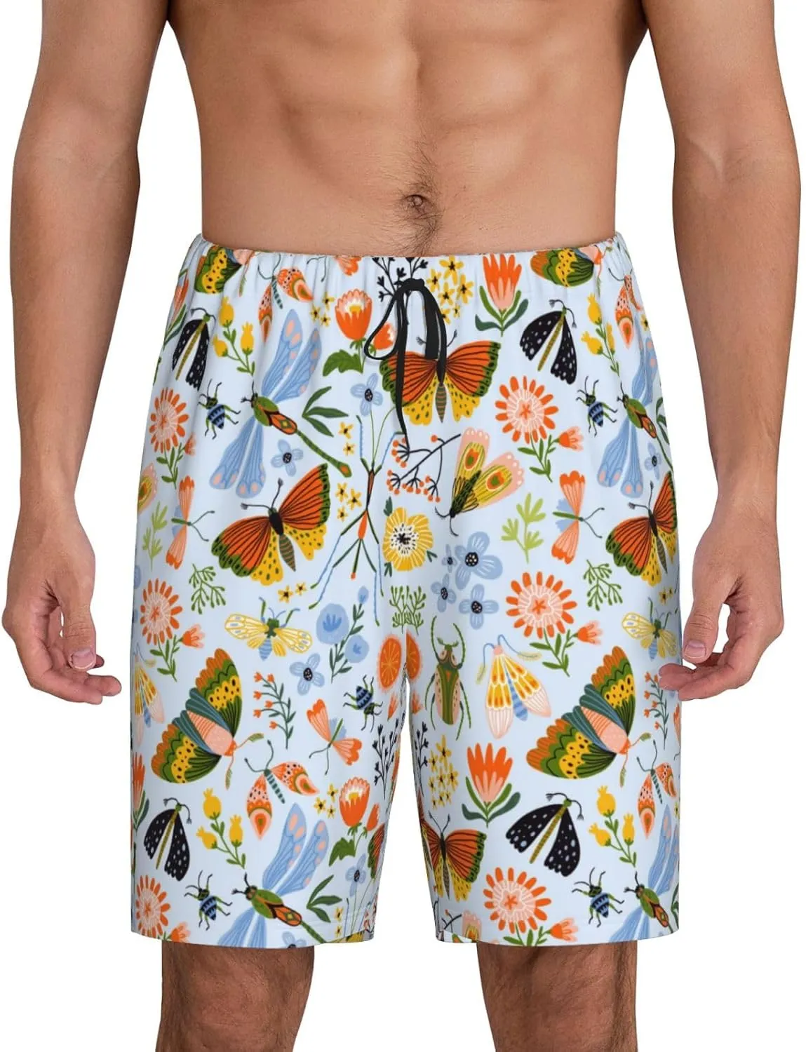 Mens Pajama Pants - Insects And Flowers Comfy Sleep Shorts Mens Pajama Shorts, Mens Lounge Shorts Pj Pants