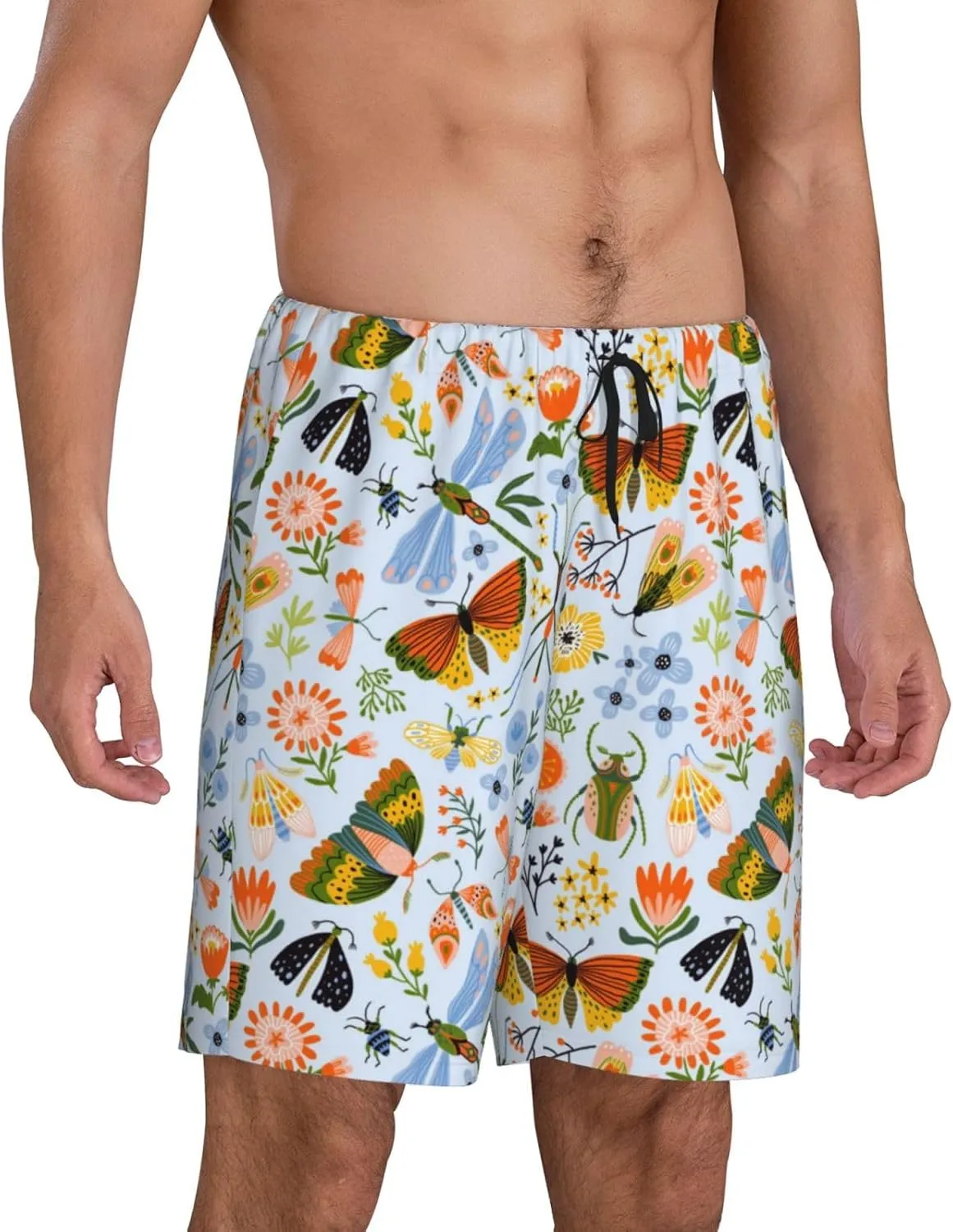 Mens Pajama Pants - Insects And Flowers Comfy Sleep Shorts Mens Pajama Shorts, Mens Lounge Shorts Pj Pants
