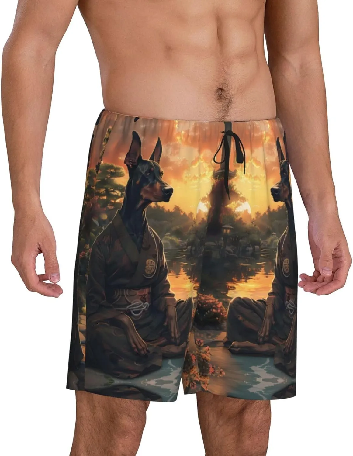 Mens Pajama Pants - Sunset Meditating Doberman Sleep Comfy Shorts Mens Pajama Shorts, Pj Pants for Mens Lounge Shorts