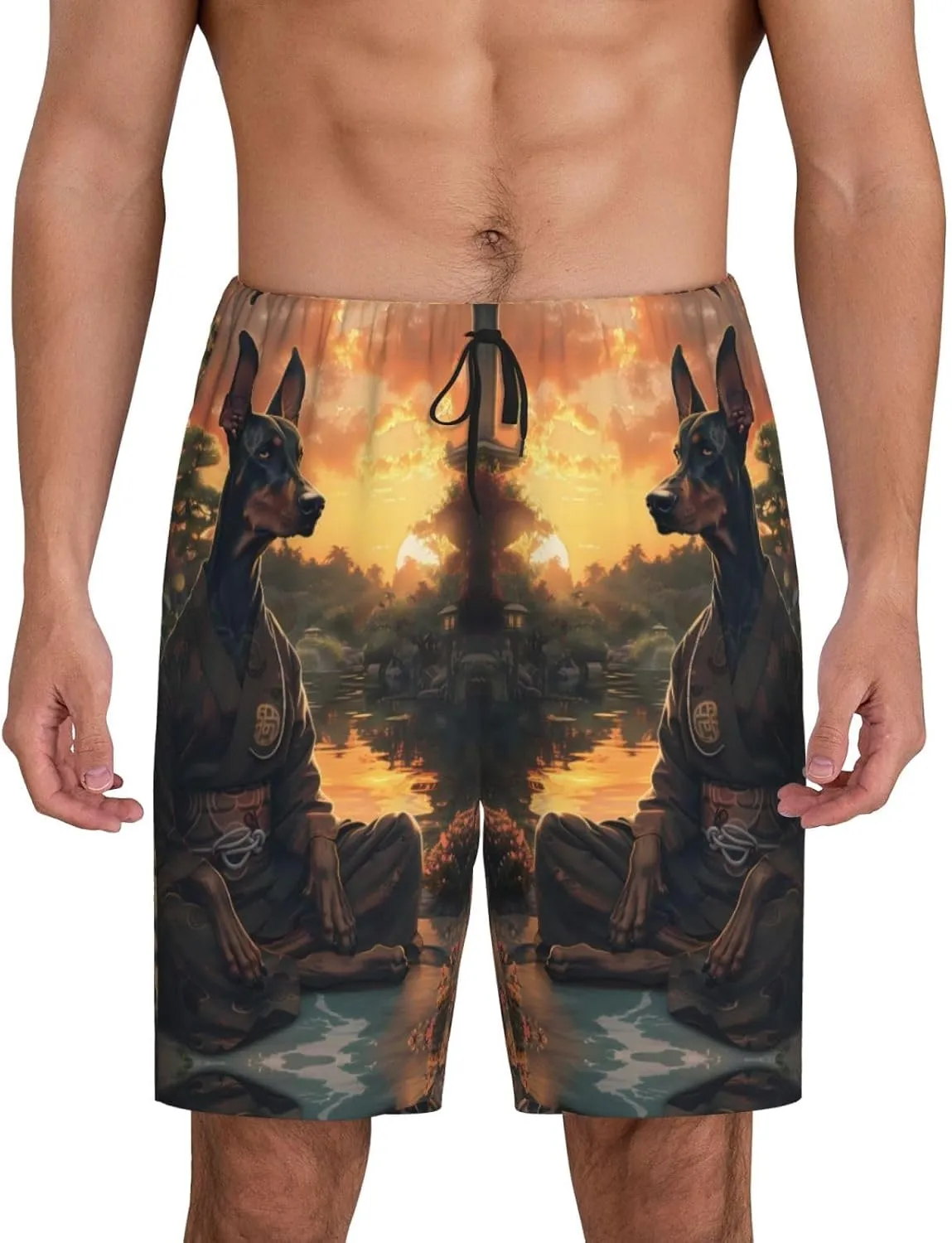 Mens Pajama Pants - Sunset Meditating Doberman Sleep Comfy Shorts Mens Pajama Shorts, Pj Pants for Mens Lounge Shorts
