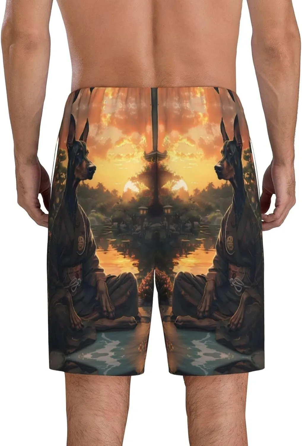 Mens Pajama Pants - Sunset Meditating Doberman Sleep Comfy Shorts Mens Pajama Shorts, Pj Pants for Mens Lounge Shorts