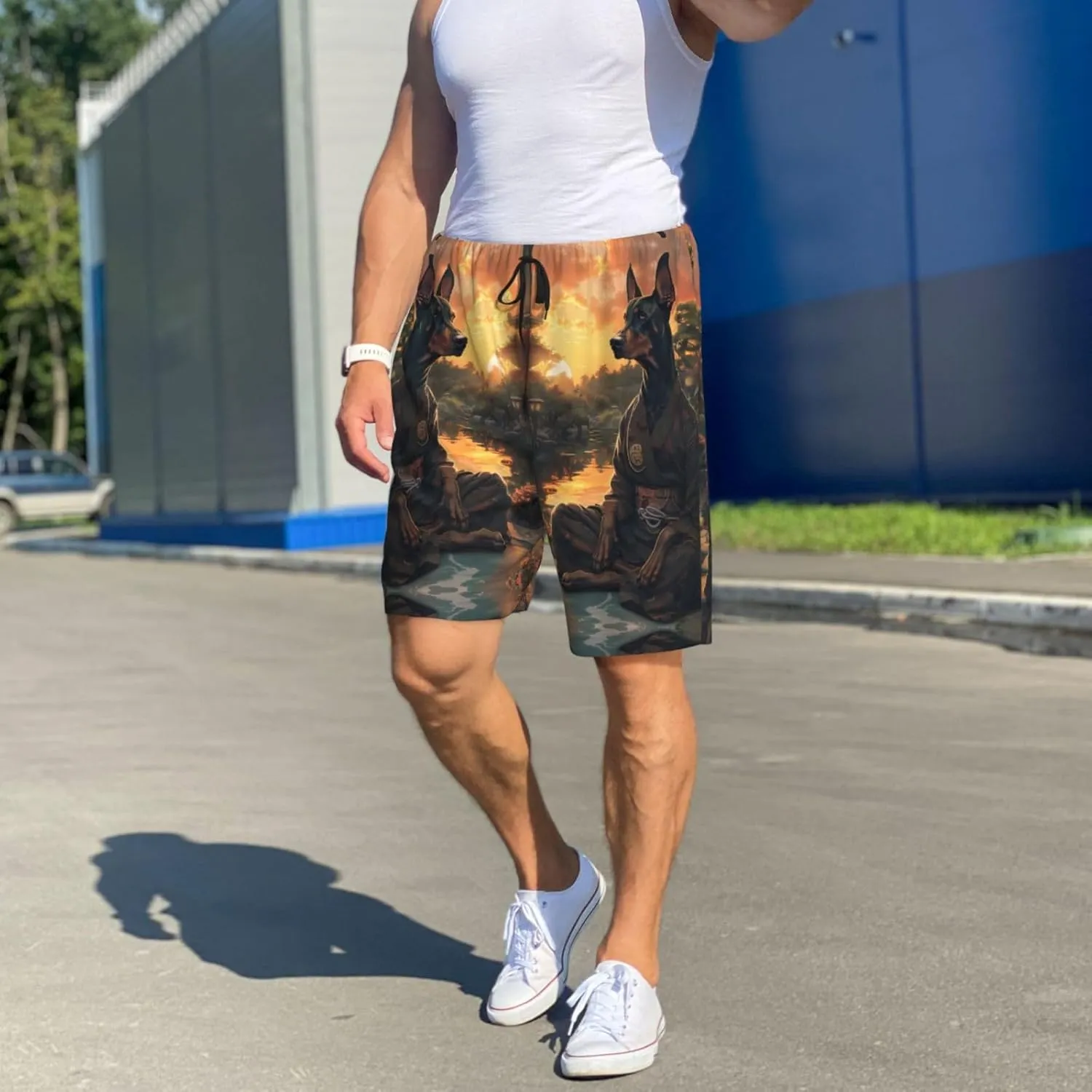 Mens Pajama Pants - Sunset Meditating Doberman Sleep Comfy Shorts Mens Pajama Shorts, Pj Pants for Mens Lounge Shorts