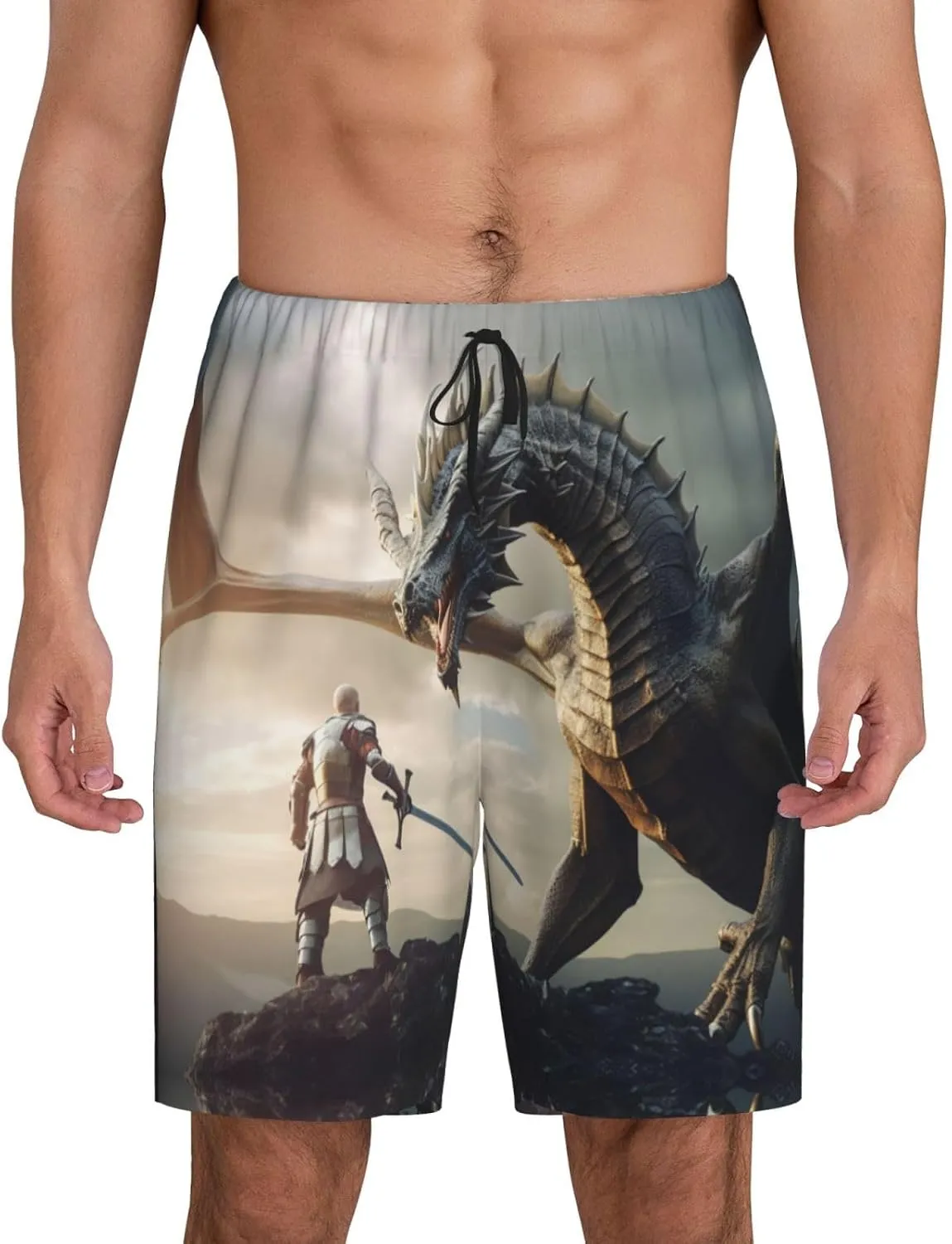 Mens Pajama Pants - Swordsman Cool Dragon Sleep Comfy Shorts Mens Pajama Shorts, Pj Pants for Mens Lounge Shorts