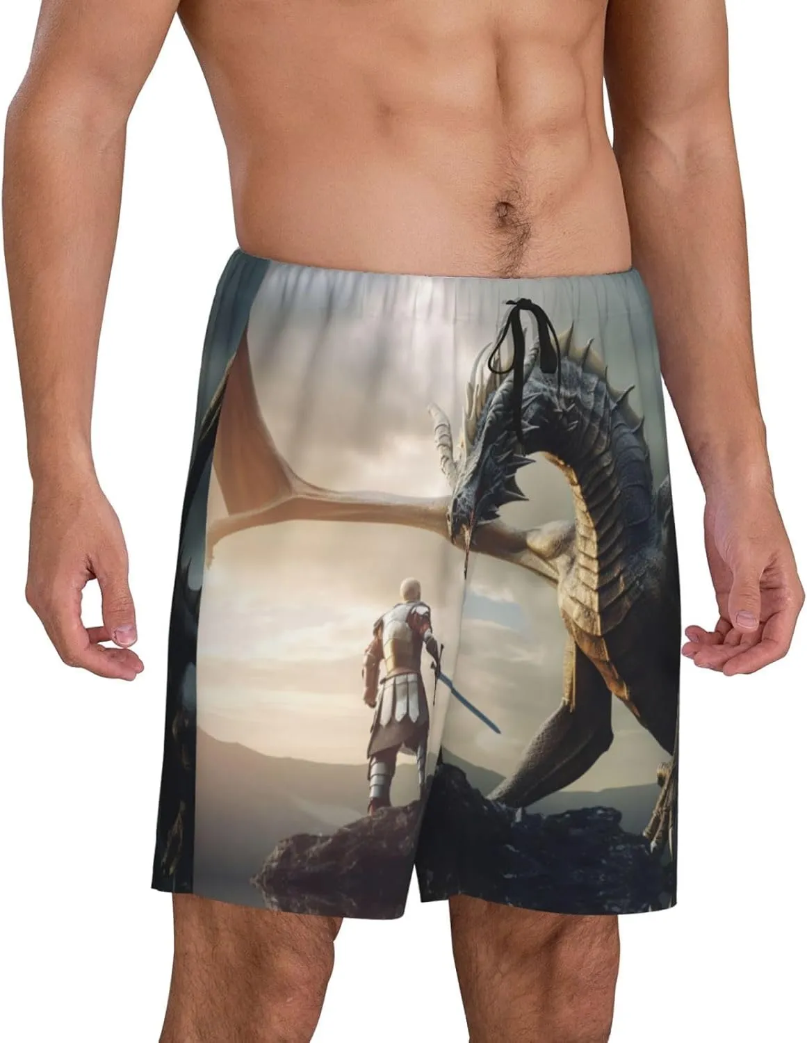 Mens Pajama Pants - Swordsman Cool Dragon Sleep Comfy Shorts Mens Pajama Shorts, Pj Pants for Mens Lounge Shorts