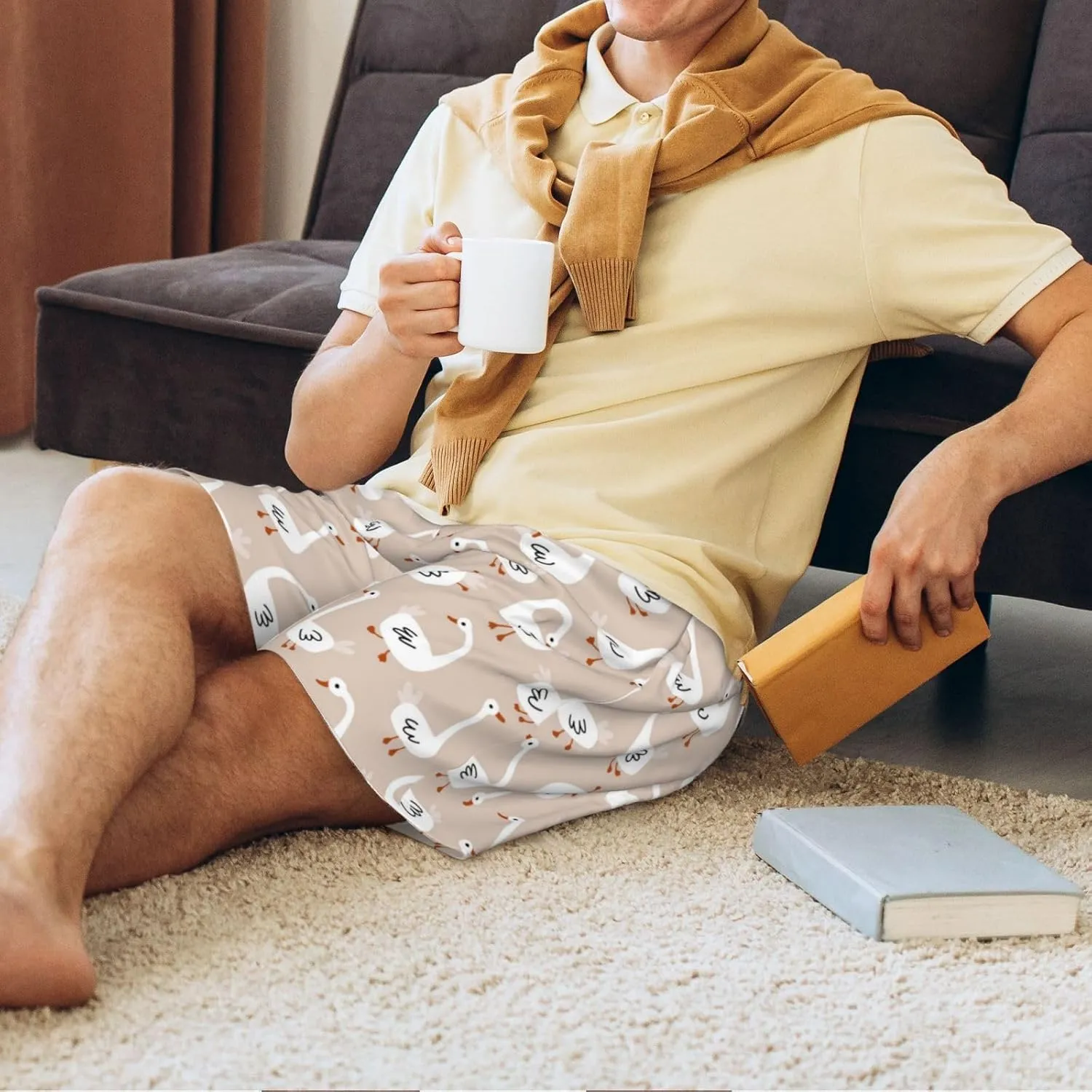 Mens Pajama Pants - White Goose Comfy Sleep Shorts Mens Pajama Shorts, Mens Lounge Shorts Pj Pants