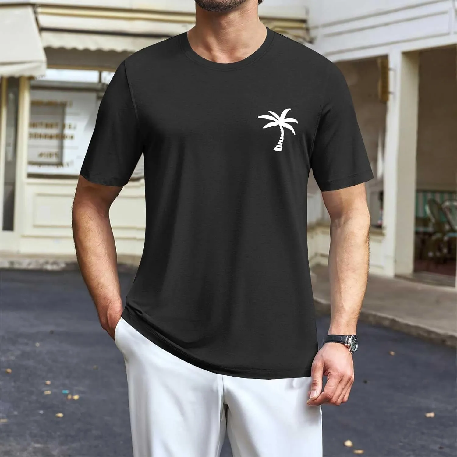 Mens Resort Wear 2025 Summer Crew Neck Short Sleeve Palm Tree Print T-Shirts Casual Slim Fit Graphic Tee Shirts, S-5xl
