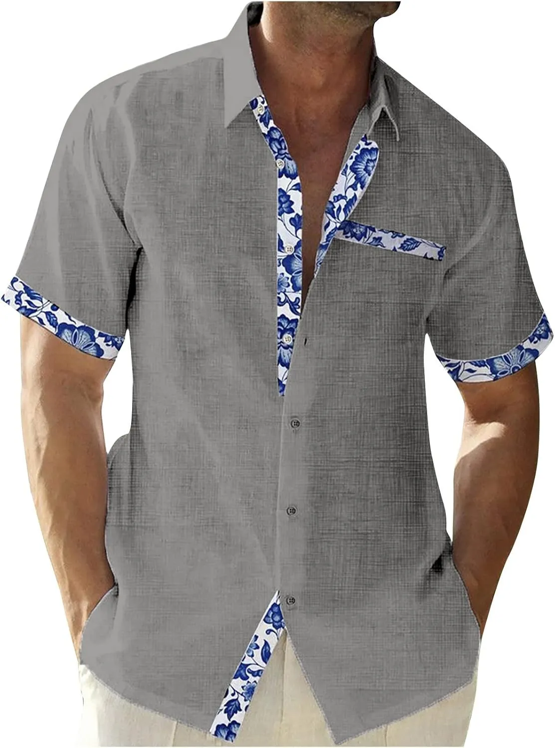 Mens Short Sleeve Button Down Shirts Cotton Linen Casual Vacation Summer Floral Patchwork Shirt Beach Hawaiian Shirts