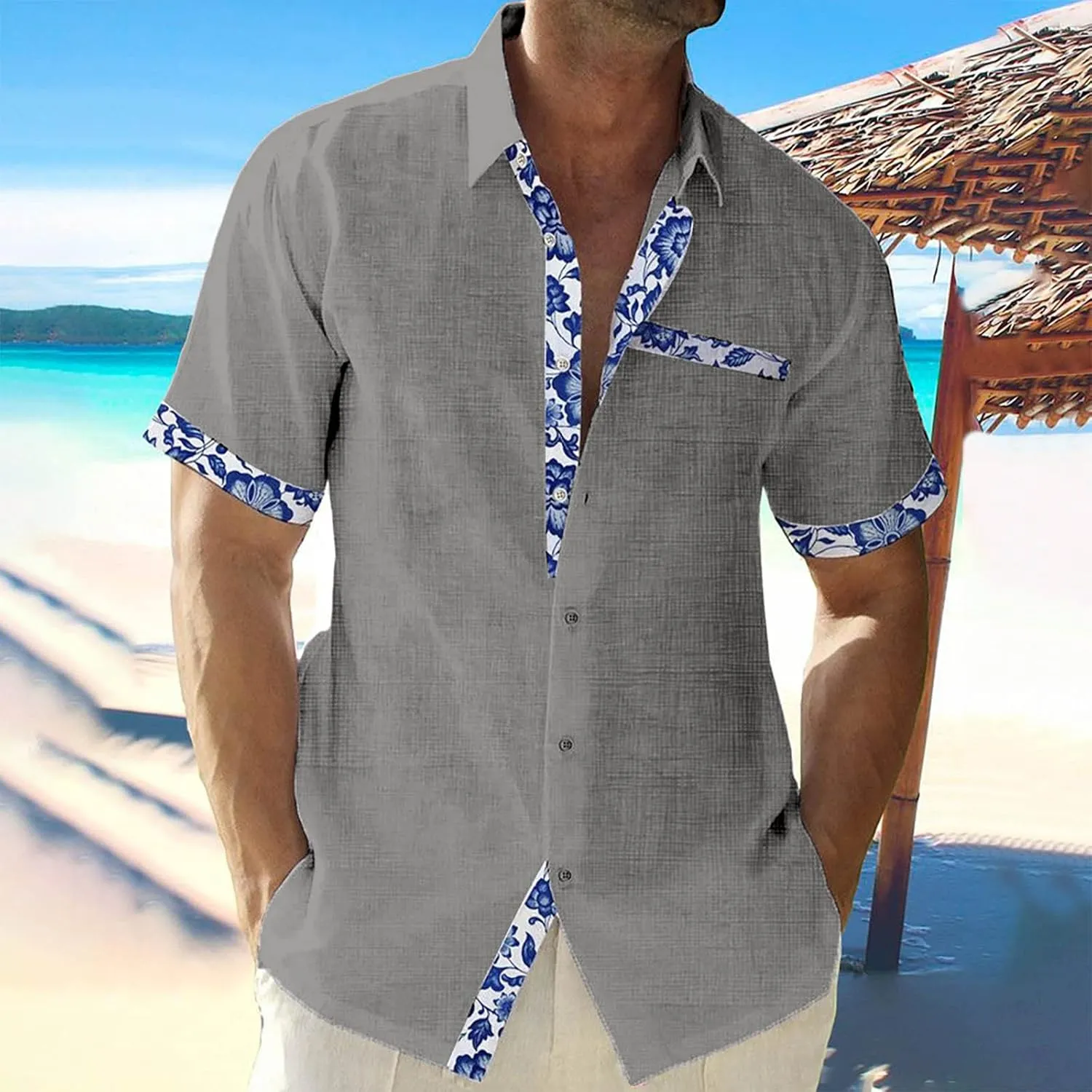 Mens Short Sleeve Button Down Shirts Cotton Linen Casual Vacation Summer Floral Patchwork Shirt Beach Hawaiian Shirts