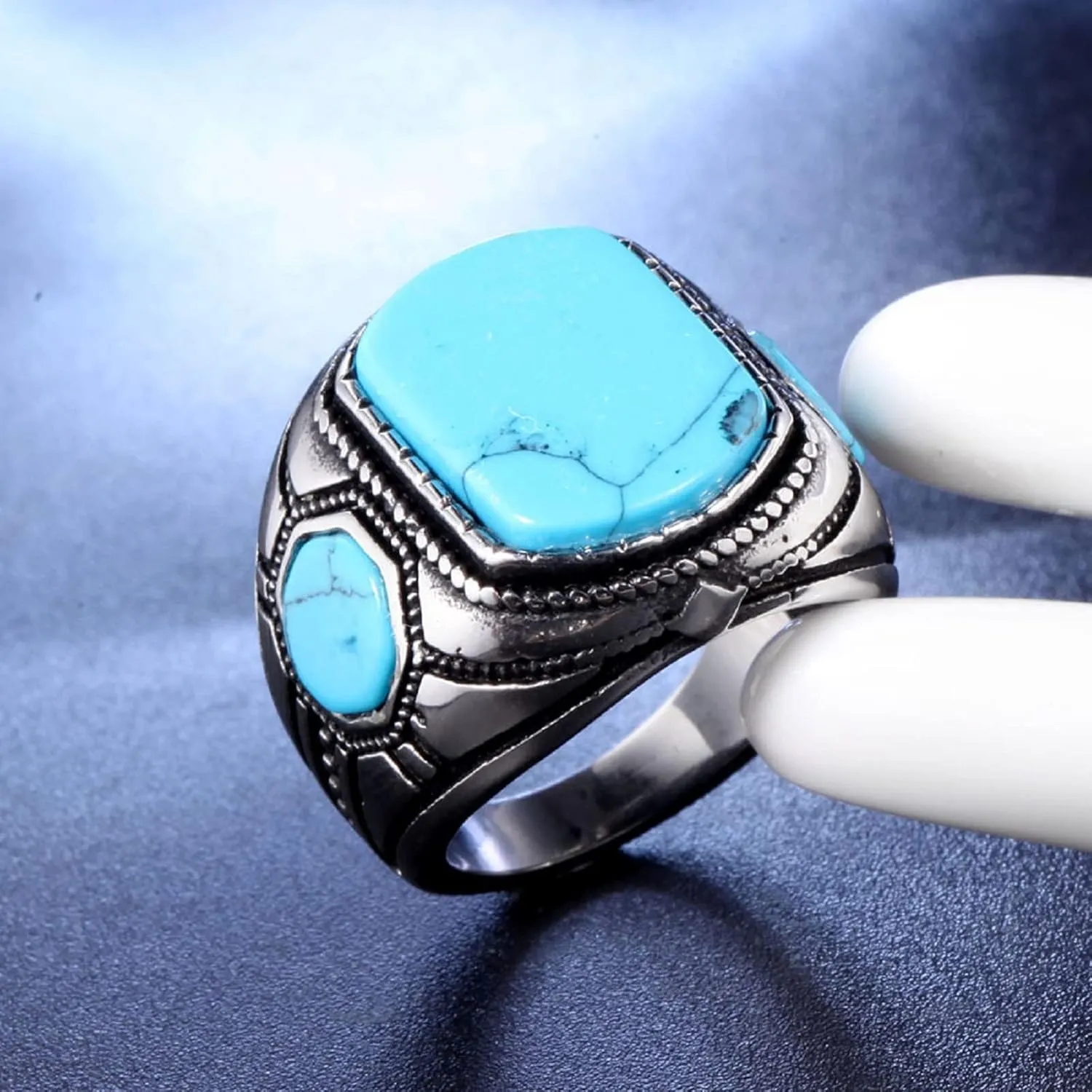 Men's Square Gemstone Singet Rings, Personalized Stainless Steel Pinky Ring with Turquoise Men's Titanium Steel Ring Onxy Blue Topaz Birthstone Statement Ring (8)