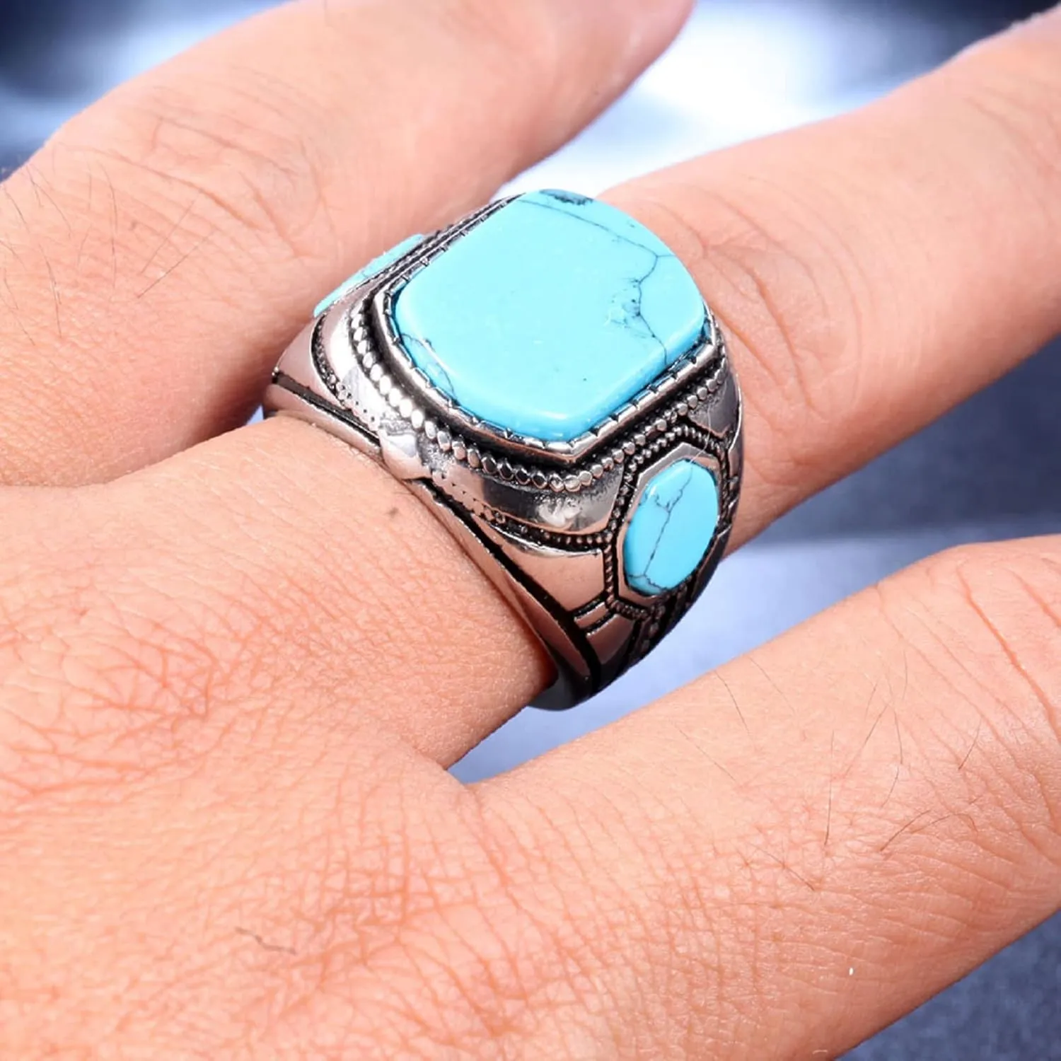 Men's Square Gemstone Singet Rings, Personalized Stainless Steel Pinky Ring with Turquoise Men's Titanium Steel Ring Onxy Blue Topaz Birthstone Statement Ring (8)