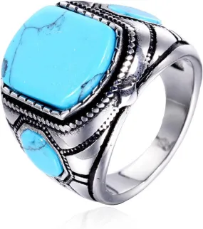 Men's Square Gemstone Singet Rings, Personalized Stainless Steel Pinky Ring with Turquoise Men's Titanium Steel Ring Onxy Blue Topaz Birthstone Statement Ring (8)