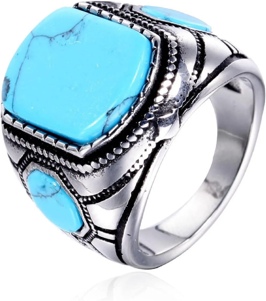 Men's Square Gemstone Singet Rings, Personalized Stainless Steel Pinky Ring with Turquoise Men's Titanium Steel Ring Onxy Blue Topaz Birthstone Statement Ring (8)