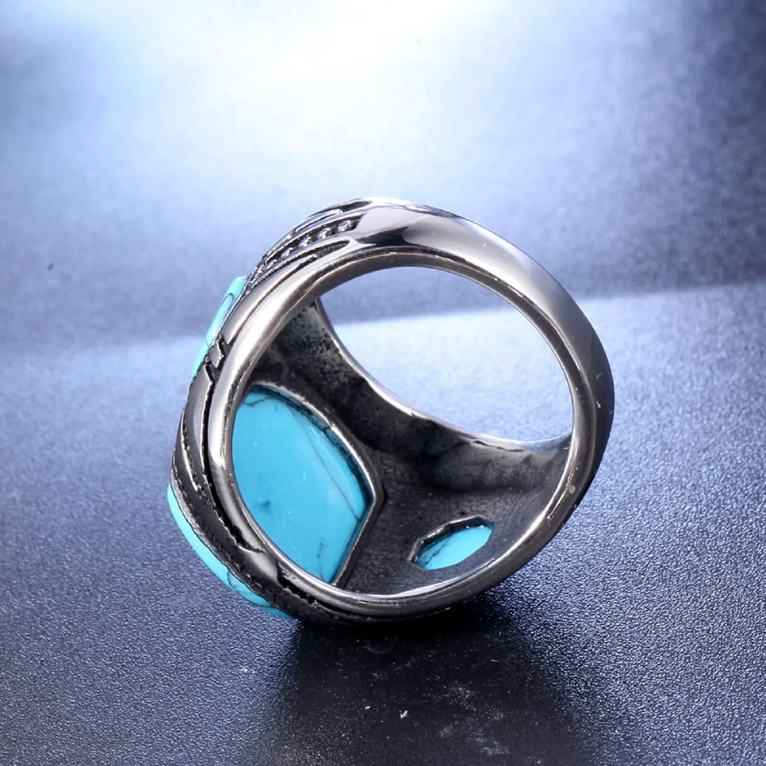 Men's Square Gemstone Singet Rings, Personalized Stainless Steel Pinky Ring with Turquoise Men's Titanium Steel Ring Onxy Blue Topaz Birthstone Statement Ring (8)