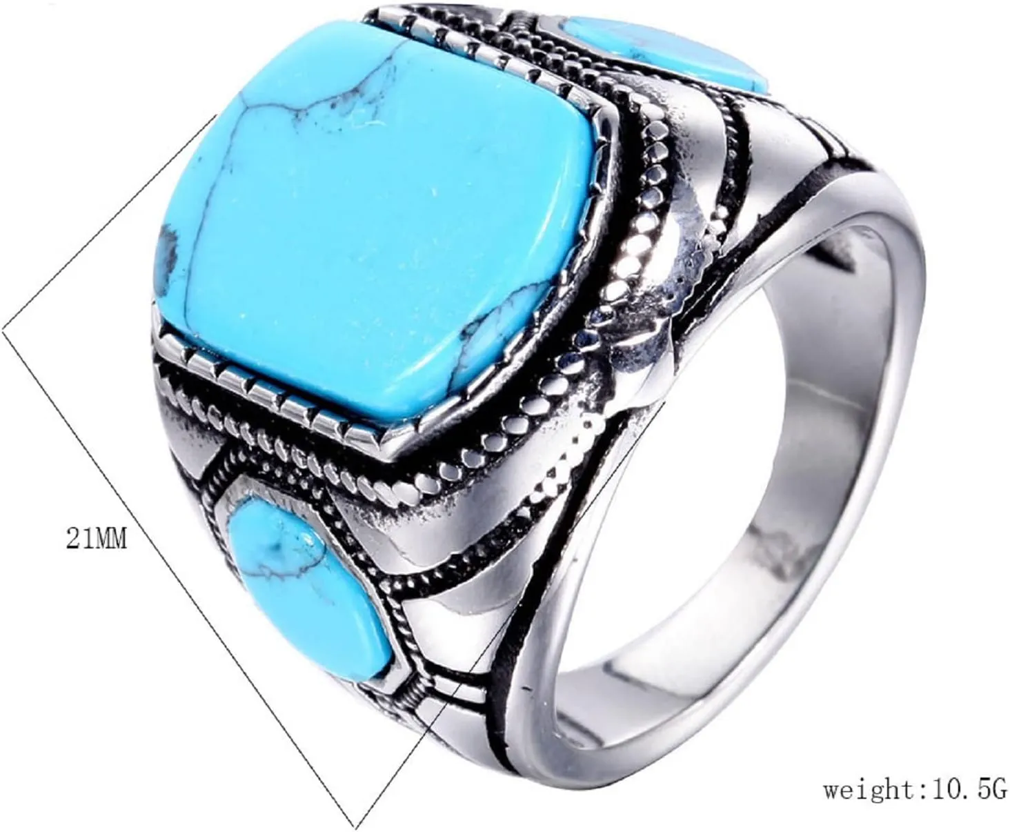Men's Square Gemstone Singet Rings, Personalized Stainless Steel Pinky Ring with Turquoise Men's Titanium Steel Ring Onxy Blue Topaz Birthstone Statement Ring (8)