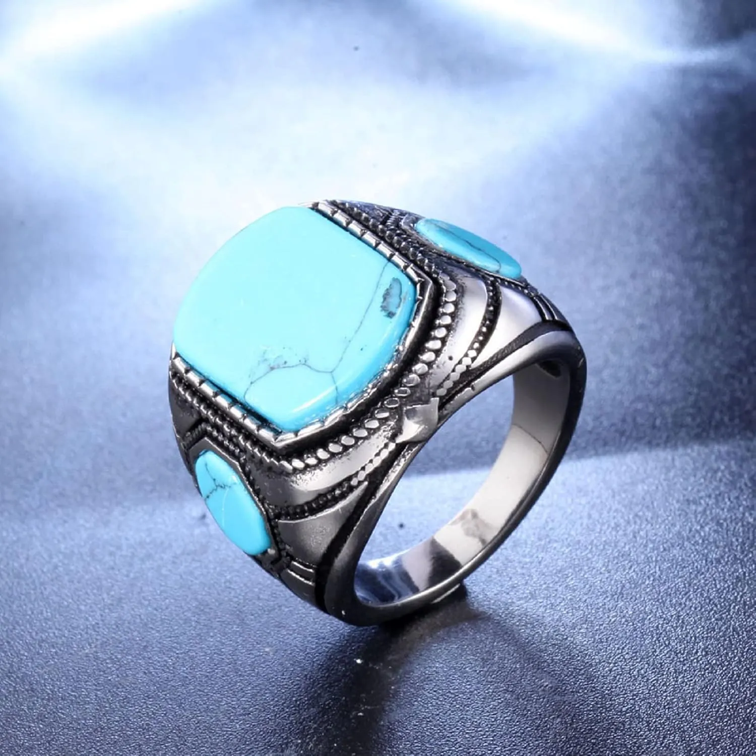 Men's Square Gemstone Singet Rings, Personalized Stainless Steel Pinky Ring with Turquoise Men's Titanium Steel Ring Onxy Blue Topaz Birthstone Statement Ring (8)