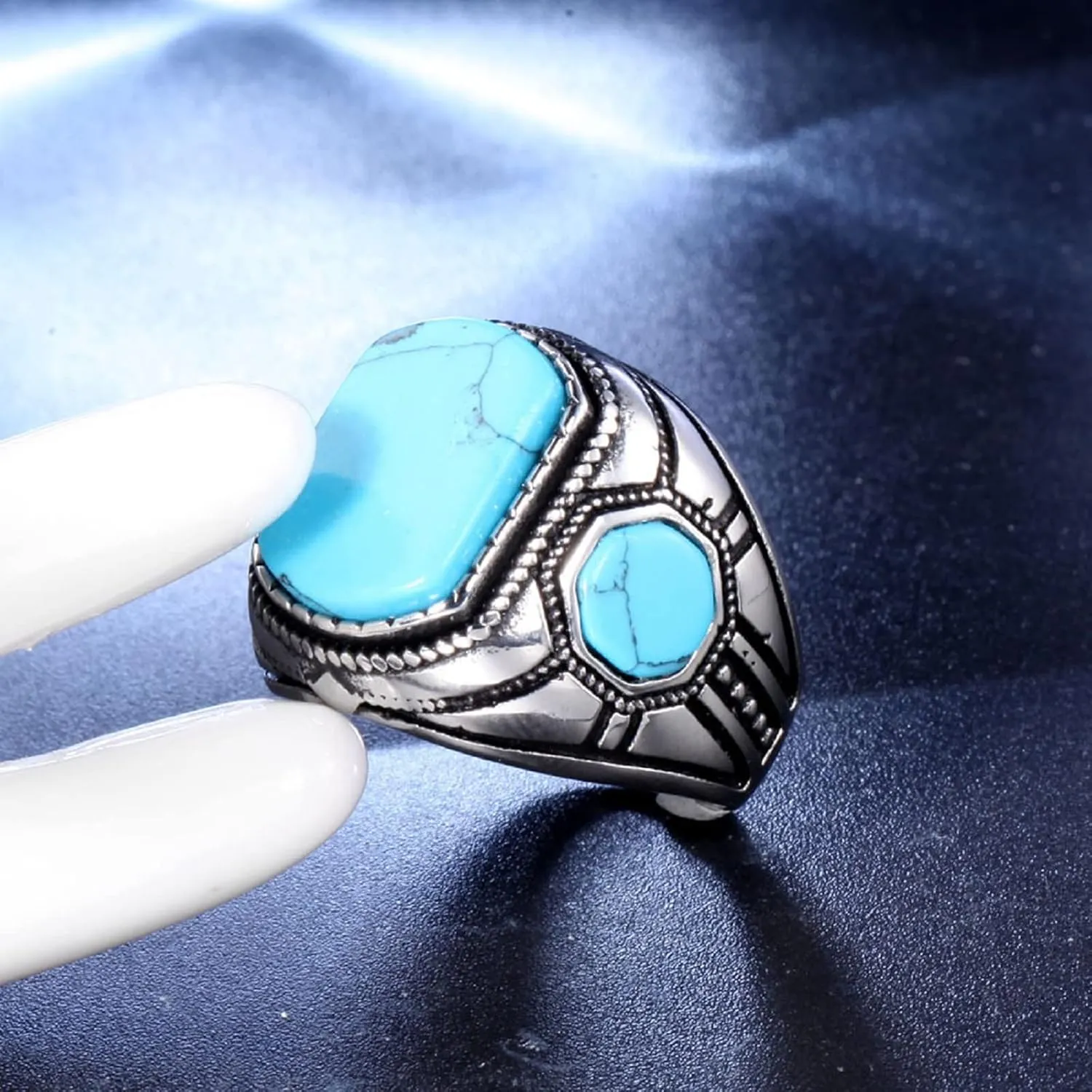 Men's Square Gemstone Singet Rings, Personalized Stainless Steel Pinky Ring with Turquoise Men's Titanium Steel Ring Onxy Blue Topaz Birthstone Statement Ring (8)