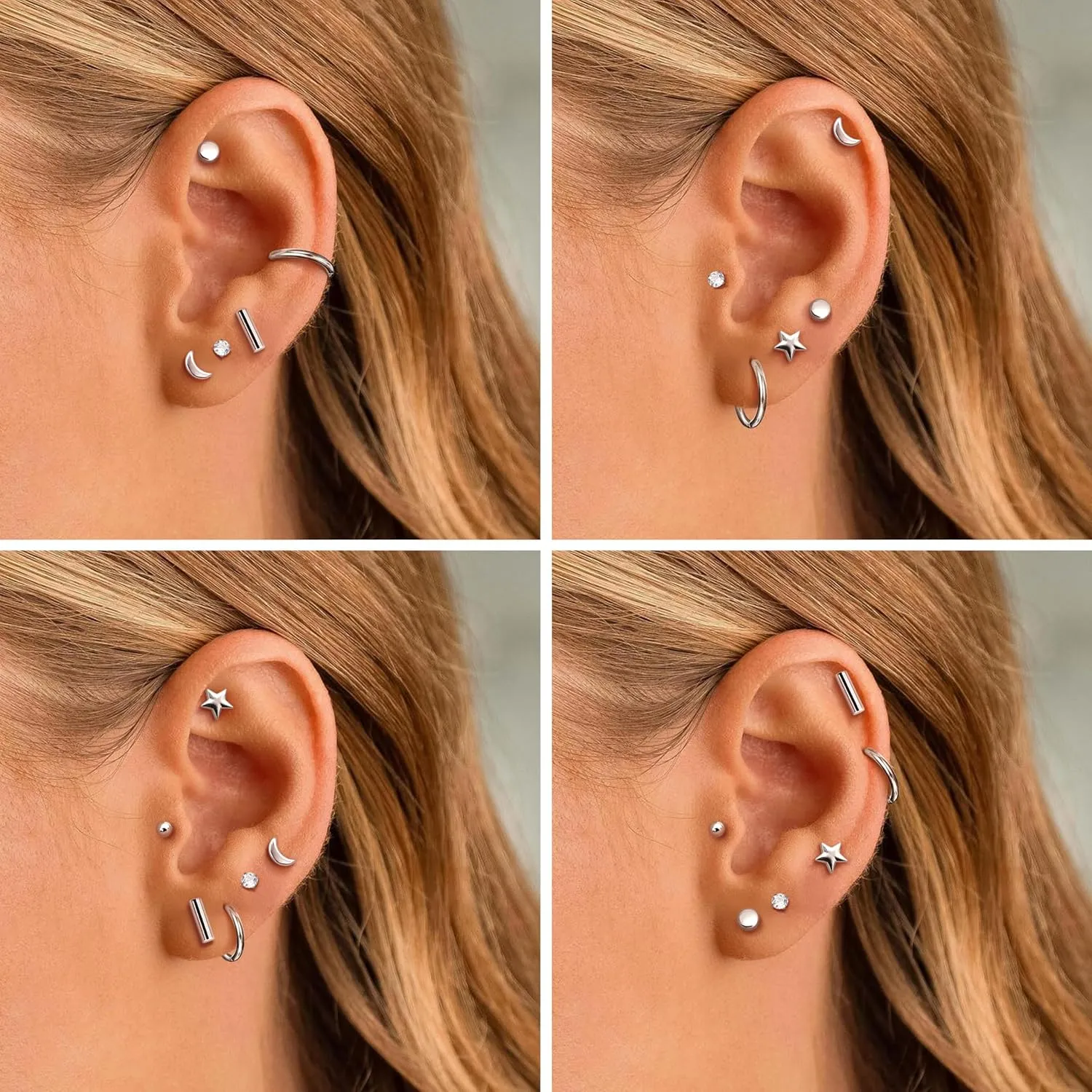 Milacolato 8 Pairs Solid 925 Sterling Silver Earrings for Women Men 14K Gold Plated Tiny Ball Dot Star Moon Bar CZ Stud Earrings Lightweight Small Huggie Hoops Cartilage Earrings Sets for Multiple Piercing Hypoallergenic