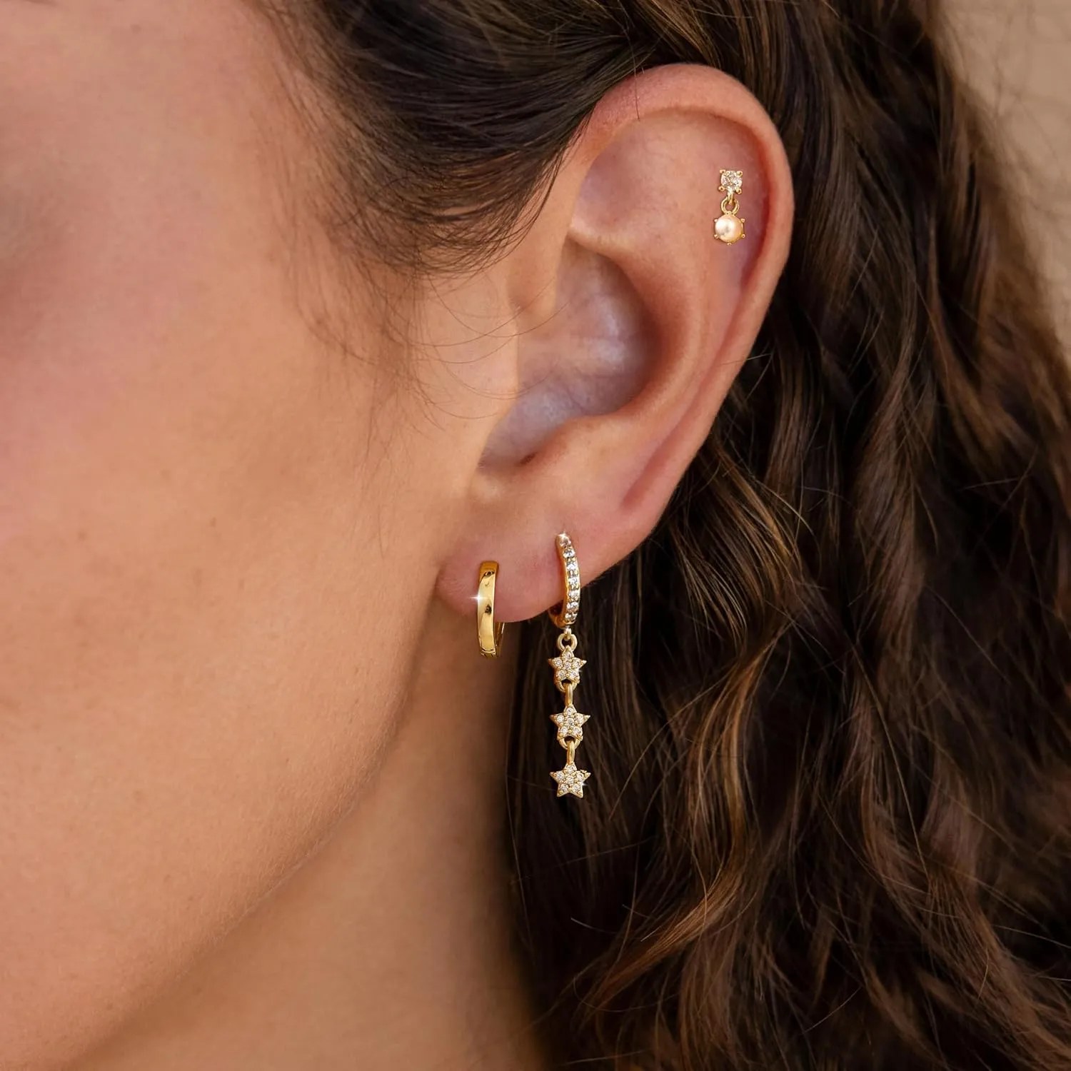 Moodear Pearl Dangle Hoop Earrings for Women - Dainty Hypoallergenic 14K Gold Plated Small Drop Chain Hoops Trendy Earring Sets for Multiple Piercing Jewelry