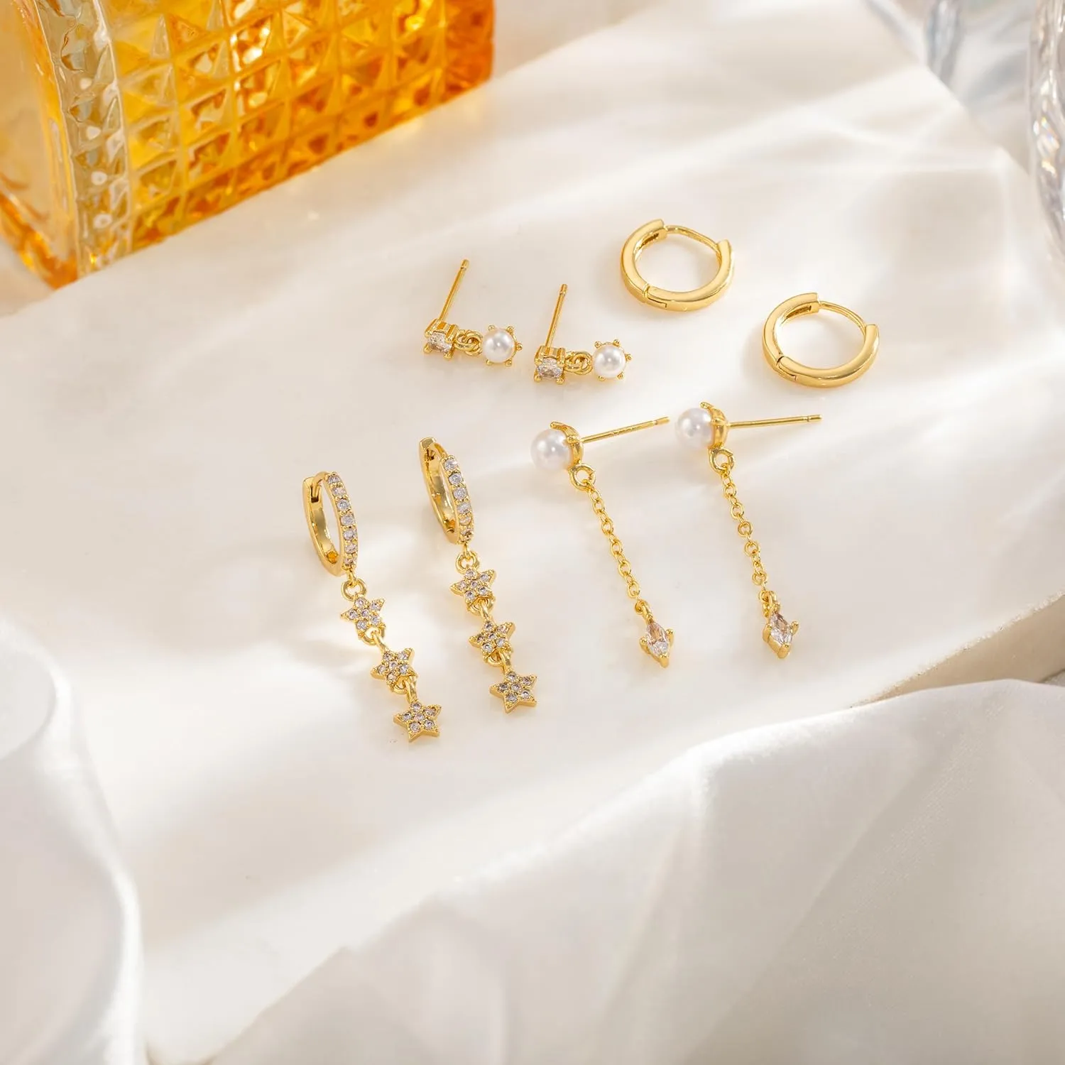 Moodear Pearl Dangle Hoop Earrings for Women - Dainty Hypoallergenic 14K Gold Plated Small Drop Chain Hoops Trendy Earring Sets for Multiple Piercing Jewelry
