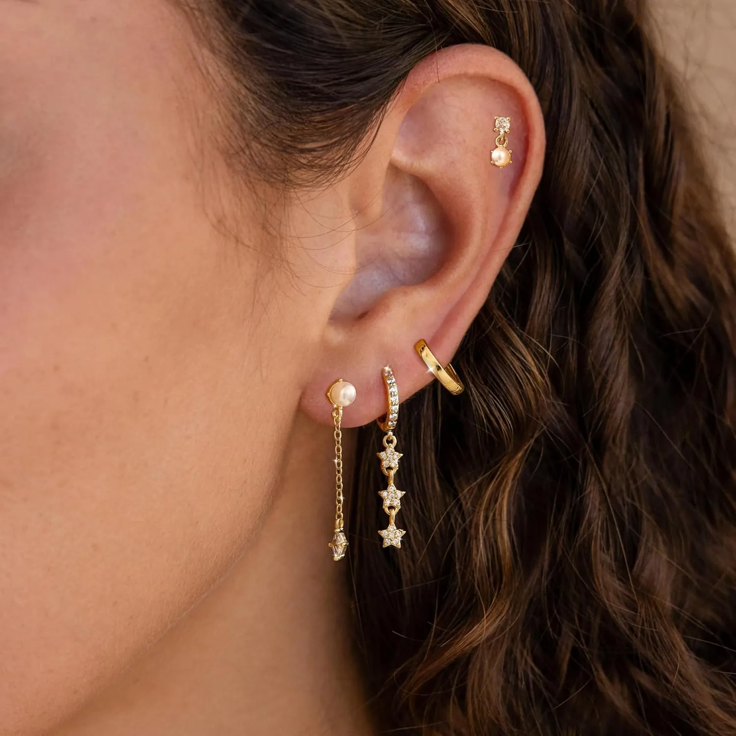 Moodear Pearl Dangle Hoop Earrings for Women - Dainty Hypoallergenic 14K Gold Plated Small Drop Chain Hoops Trendy Earring Sets for Multiple Piercing Jewelry