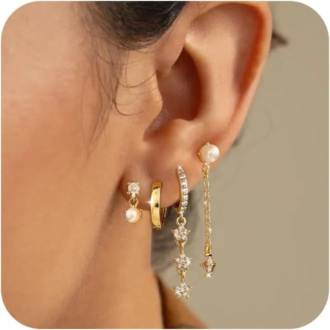 Moodear Pearl Dangle Hoop Earrings for Women - Dainty Hypoallergenic 14K Gold Plated Small Drop Chain Hoops Trendy Earring Sets for Multiple Piercing Jewelry