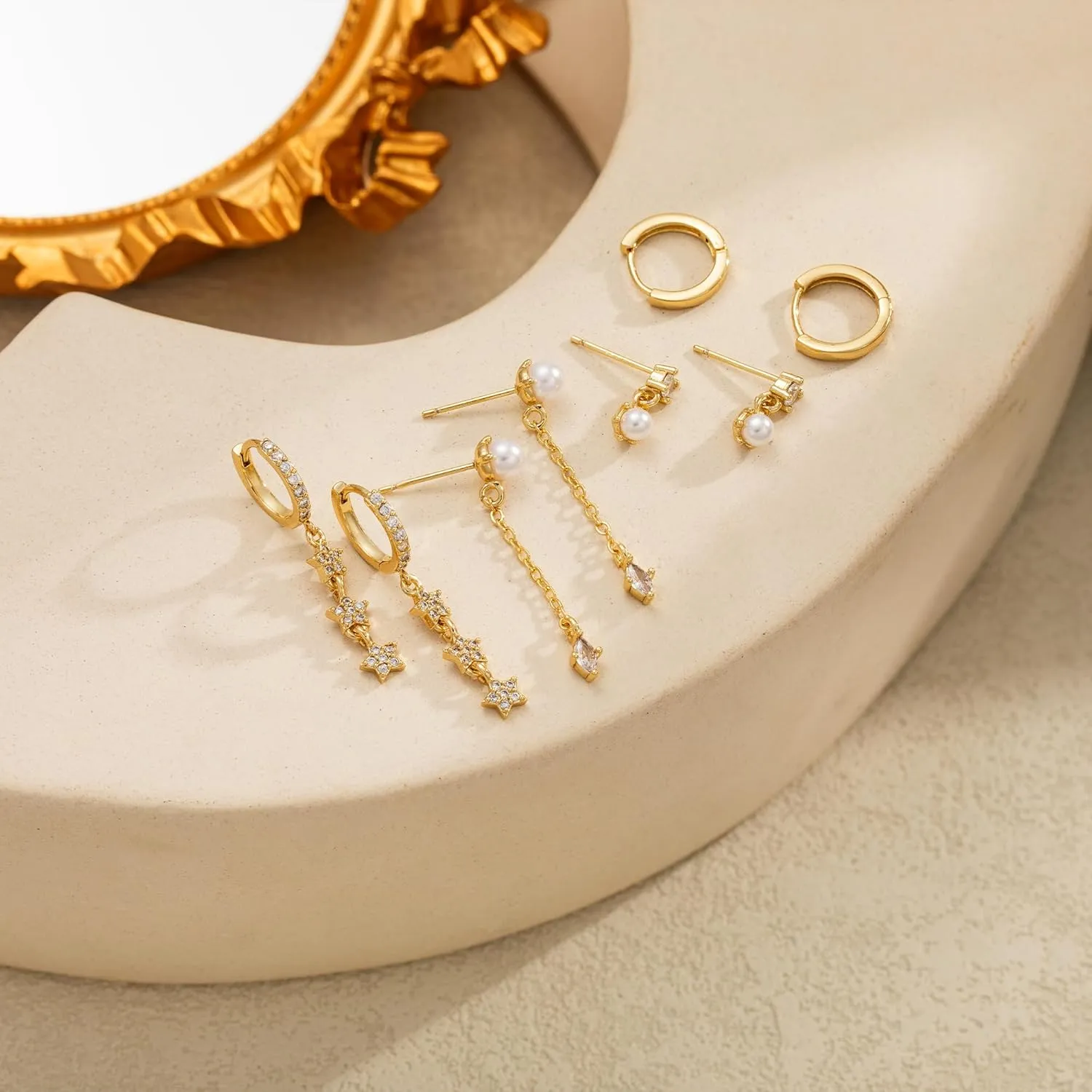 Moodear Pearl Dangle Hoop Earrings for Women - Dainty Hypoallergenic 14K Gold Plated Small Drop Chain Hoops Trendy Earring Sets for Multiple Piercing Jewelry
