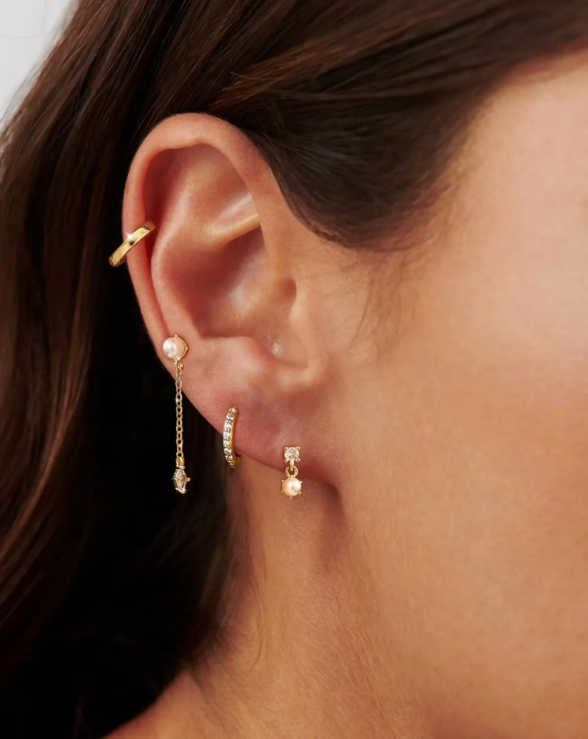 Moodear Pearl Dangle Hoop Earrings for Women - Dainty Hypoallergenic 14K Gold Plated Small Drop Chain Hoops Trendy Earring Sets for Multiple Piercing Jewelry