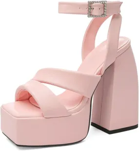 MRKEWUNEY Womens Platform High Heels Sandals Chunky Heels Square Toe