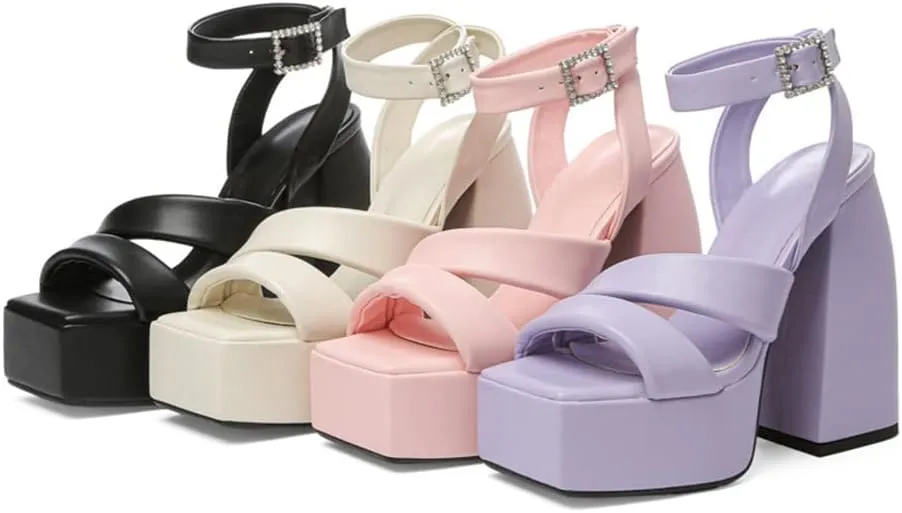 MRKEWUNEY Womens Platform High Heels Sandals Chunky Heels Square Toe