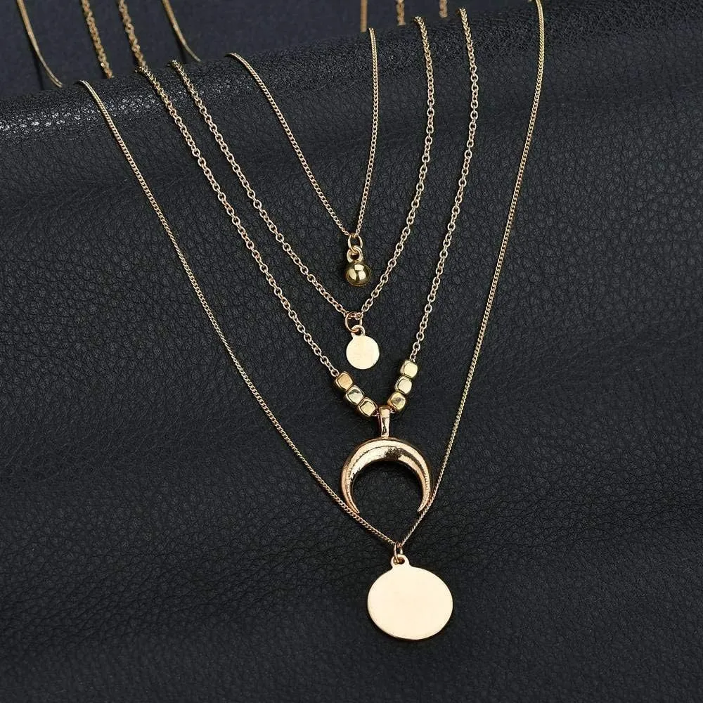 Multi-Layer Necklace for Womens Moon Star Beads Round Pendant Necklaces Layered Chain Necklace Jewelry Lady (Gold, One Size)