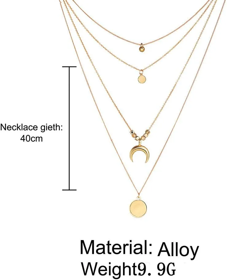 Multi-Layer Necklace for Womens Moon Star Beads Round Pendant Necklaces Layered Chain Necklace Jewelry Lady (Gold, One Size)