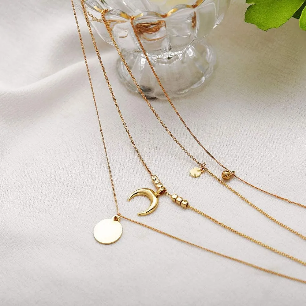 Multi-Layer Necklace for Womens Moon Star Beads Round Pendant Necklaces Layered Chain Necklace Jewelry Lady (Gold, One Size)