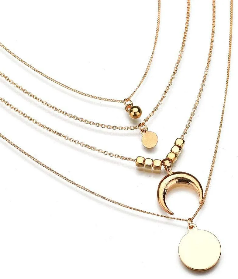 Multi-Layer Necklace for Womens Moon Star Beads Round Pendant Necklaces Layered Chain Necklace Jewelry Lady (Gold, One Size)
