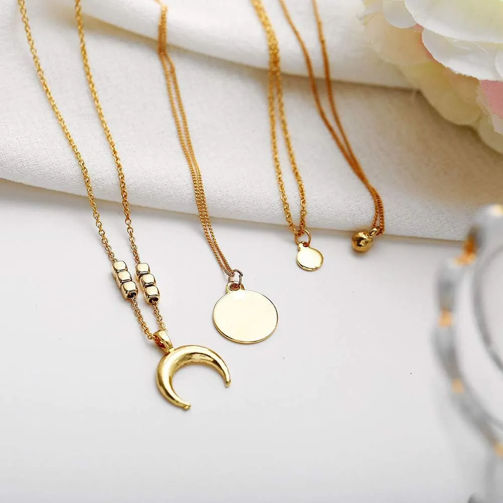 Multi-Layer Necklace for Womens Moon Star Beads Round Pendant Necklaces Layered Chain Necklace Jewelry Lady (Gold, One Size)
