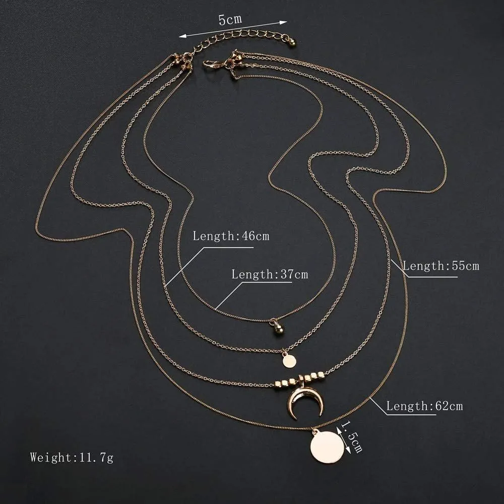 Multi-Layer Necklace for Womens Moon Star Beads Round Pendant Necklaces Layered Chain Necklace Jewelry Lady (Gold, One Size)