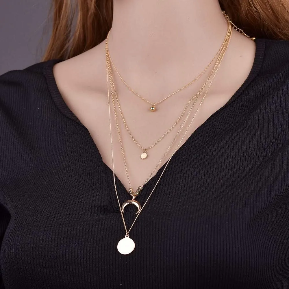 Multi-Layer Necklace for Womens Moon Star Beads Round Pendant Necklaces Layered Chain Necklace Jewelry Lady (Gold, One Size)