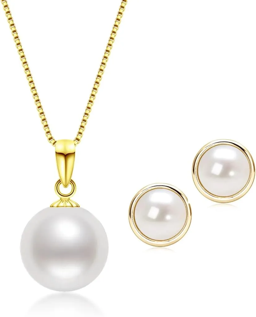 Natural Freshwater Pearl Jewelry Sets for Women 925 Sterling Silver Earrings & 18K Gold Pendant Necklaces Wedding Jewelry Gifts for Women