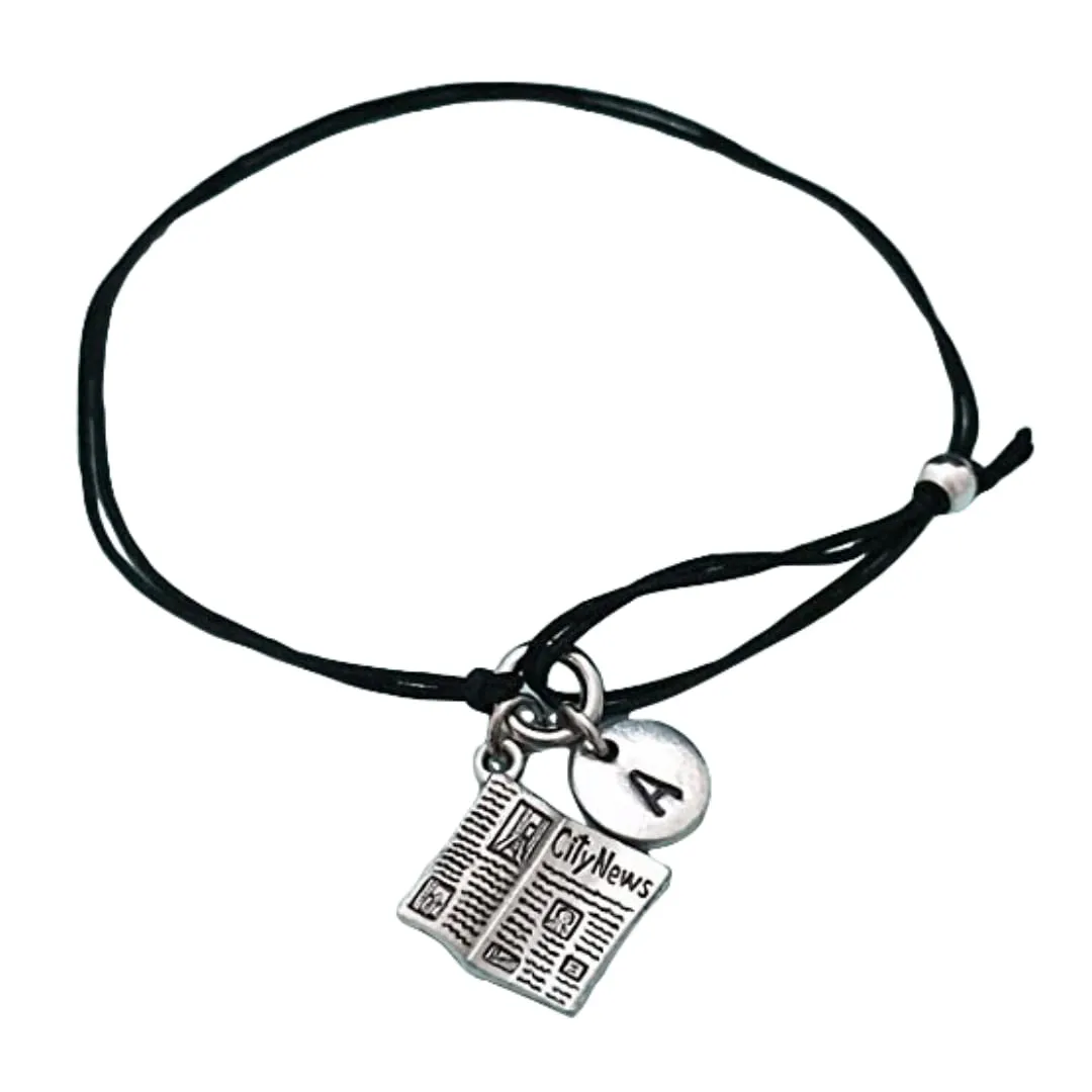 Newspaper cord bracelet, newspaper charm bracelet, adjustable bracelet, charm bracelet, personalized bracelet, initial, monogram