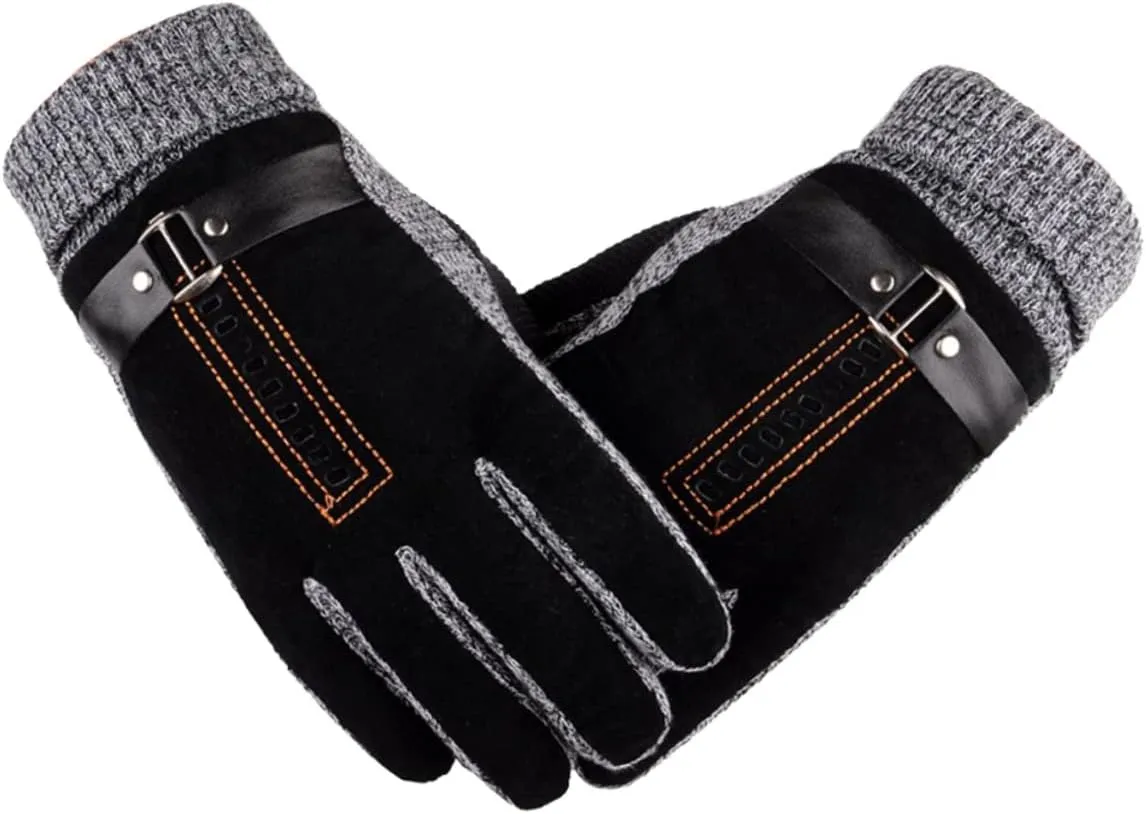 NOLITOY Men's Winter Windproof Gloves Thick Warm Pigskin Leather Mittens with Fleece Lining for Cycling Driving and Outdoor Activities Black