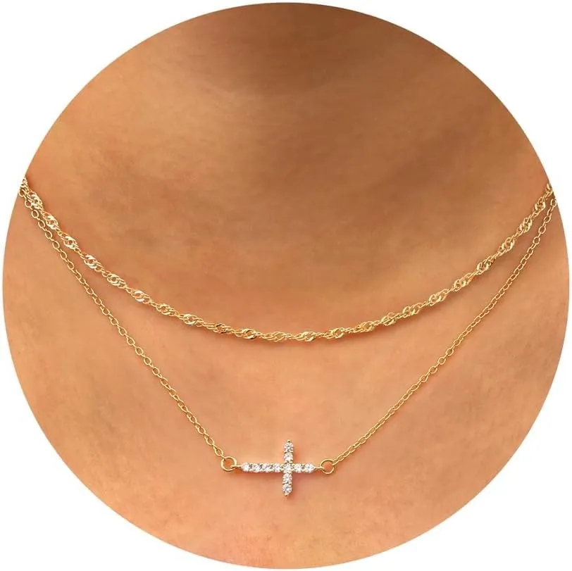 ORAZIO Cross Necklace for Women - 14K Gold Plated Layered Cross Necklace Cute CZ Cross Pendant Necklaces Dainty Sideways Cross Choker Necklaces Minimalist Twisted Chain Necklace Small Cross Layering Necklace Set