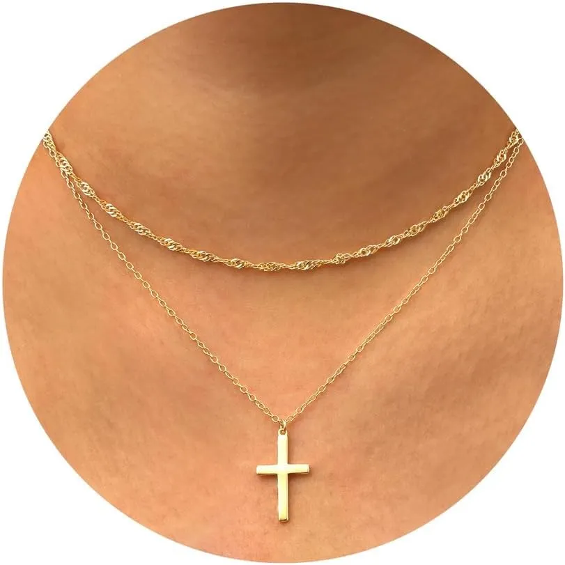 ORAZIO Cross Necklace for Women - 14K Gold Plated Layered Cross Necklace Cute CZ Cross Pendant Necklaces Dainty Sideways Cross Choker Necklaces Minimalist Twisted Chain Necklace Small Cross Layering Necklace Set