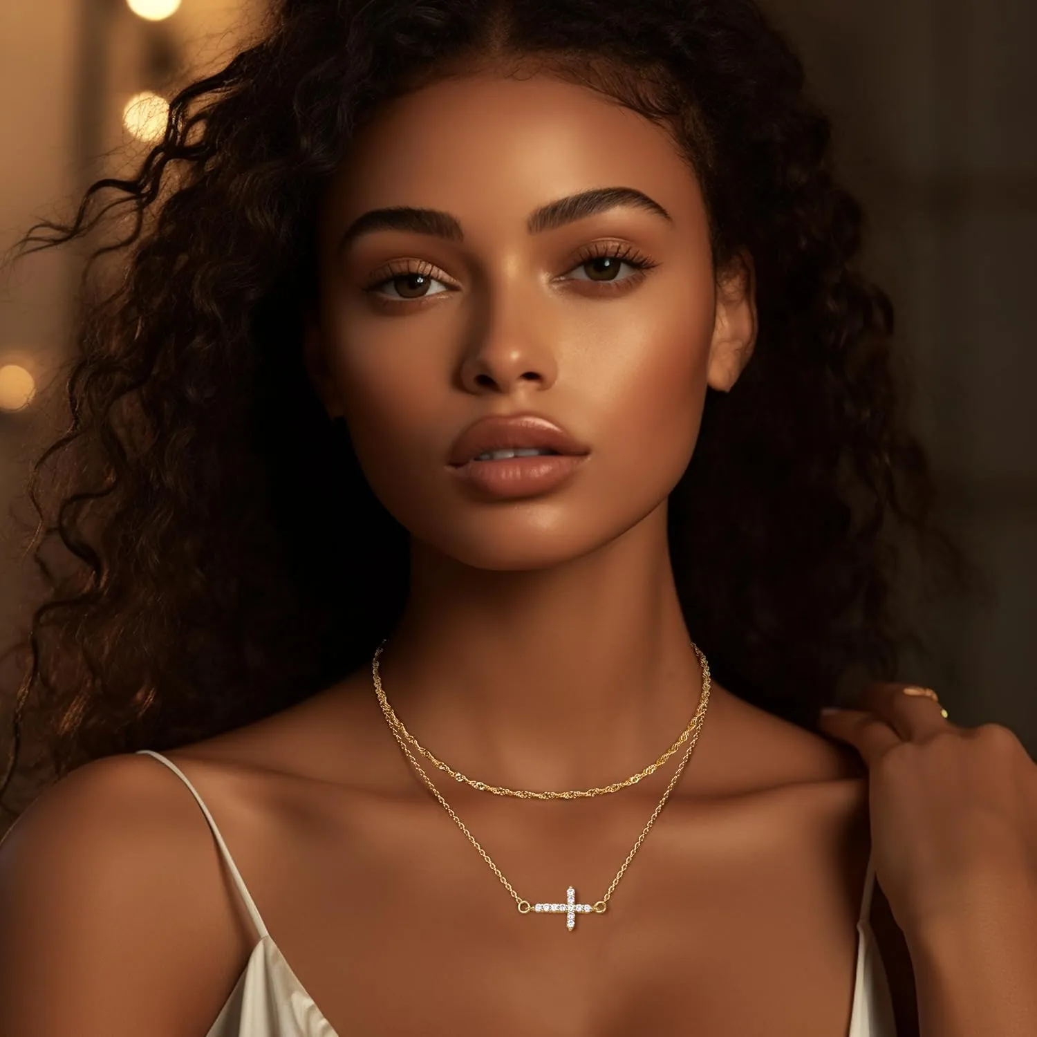 ORAZIO Cross Necklace for Women - 14K Gold Plated Layered Cross Necklace Cute CZ Cross Pendant Necklaces Dainty Sideways Cross Choker Necklaces Minimalist Twisted Chain Necklace Small Cross Layering Necklace Set