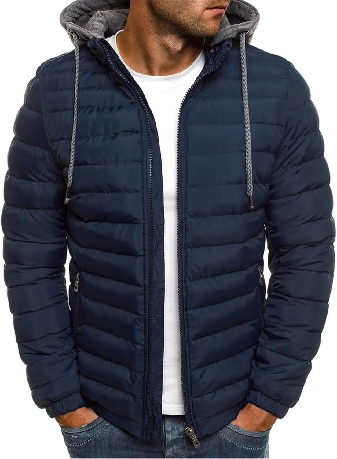 Packable Down Jacket Mens Lightweight Puffer Jacket Zip up Quilted Jacket Detachable Hoodie Jacket Warm Winter Coat