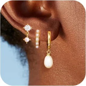 Pearl Earrings for Women, Gold Pearl Drop Hoop Earrings Set, Dainty Gold Pearl Earrings for Women Studs, Pearl Jewelry Gifts for Her, Wedding Earrings