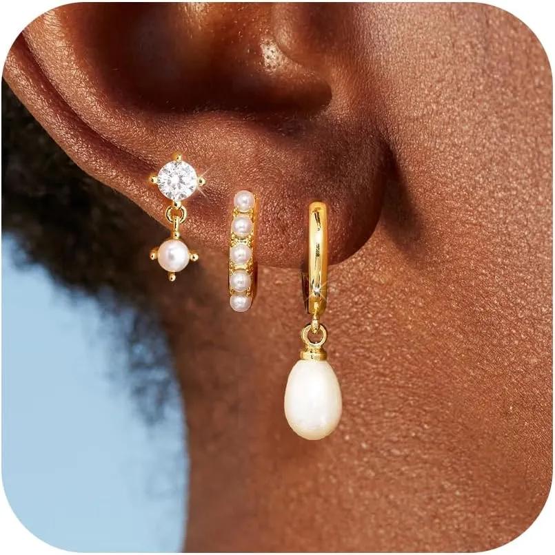 Pearl Earrings for Women, Gold Pearl Drop Hoop Earrings Set, Dainty Gold Pearl Earrings for Women Studs, Pearl Jewelry Gifts for Her, Wedding Earrings