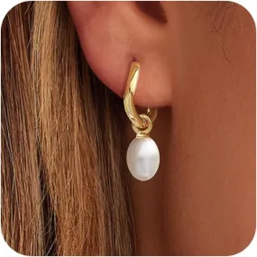 Pearl Earrings for Women, Trendy 14k Gold Plated Drop Hoop Pearl Earrings Dainty Freshwater Leaf Bow Pearl Dangle Earring Elegant Hypoallergenic Bridesmaid Gold Pearl Earrings Wedding Jewelry for Women